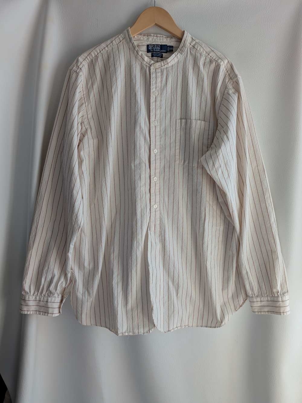 Polo by Ralph Lauren Cream Cotton Henley Button Up Striped Shirt Band Collar XXL